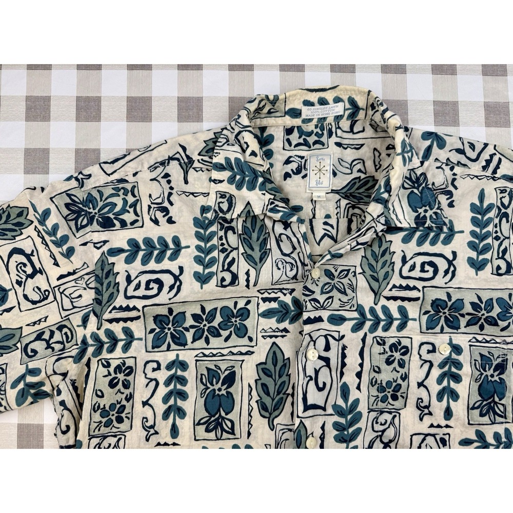 Tiki Hawaiian Camp Lawn Button Up Shirt Blue Botanical Block Print Burma Bibas M